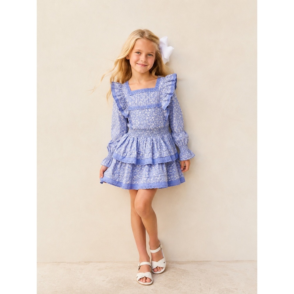 NWOT Mini Boden Blue Floral Tiered Ruffle Prairie Dress Girls 8-9Y Coquette